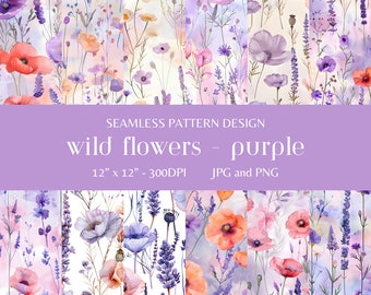 Wild Flowers Purple: 12 naadloos patroon, digitaal papier, ai, valentijnskaarten, bloemen