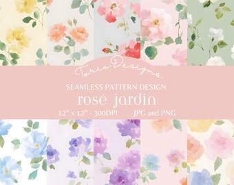 10 Rosé Jardin Naadloos Patroon | Aquarel Rozenpatroon | Digitaal Bloemenpapier | Cottagecore Botanisch | Stoffenprint | Scrapbook PNG JPG
