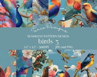 Birds 3: 12 naadloos patroon, aquarel, digitaal papier, vogels, pauw, adelaar, dwergpapegaai, flamingo, kolibrie, ara, vintage vogels