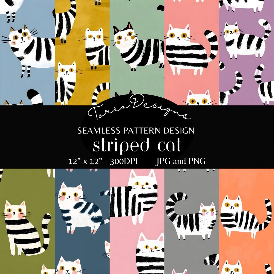 Striped Cat : 10 Seamless Pattern, Watercolor, Digital Paper, Cat, Cats ...