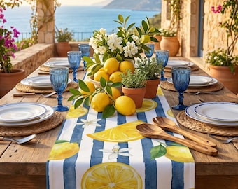 Citrus Blau Streifen Zitrone Streifen Tischläufer
