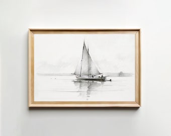 Black And White Sailboat Drawing || Digital Wall Art || Downloadable Vintage Art || PRINTABLE