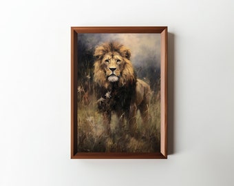 Moody Lion Oil Painting || Digital Wall Art || Farmhouse Prints || Download || Dark Academia || Animal Art || Livingroom Decor || PRINTABLE