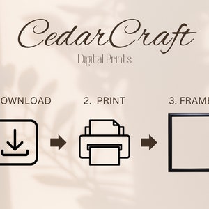 May include: A graphic showing the steps to download, print, and frame a digital print. The steps are illustrated with icons of a download arrow, a printer, and a picture frame.