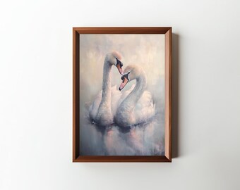 Swan Family Painting || Digital Print || Moody Wall Art || Downloadable Wall Decor || Bird Oil Painting || Kitchen Wall Decor || PRINTABLE