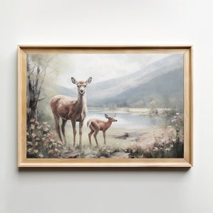 Mother Deer Painting Digital Oil Painting Living Room Wall Art Downloadable Prints PRINTABLE image 1