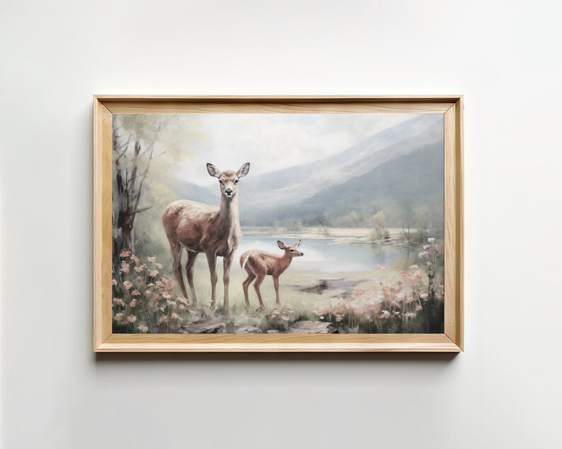 Mother Deer Painting Digital Oil Painting Living Room Wall Art Downloadable Prints PRINTABLE image 1