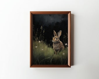 Night Bunny Oil Painting || Downloadable Print || Farmhouse Painting || Dark Academia Art || Animal Art || Dining Room Decor || PRINTABLE