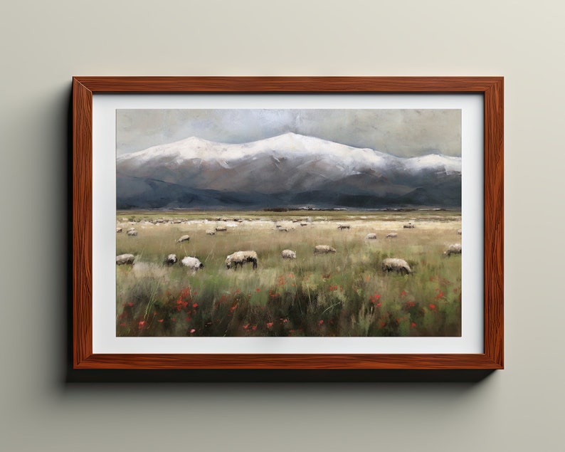 Lush Lands: Beneath Winter's Watchful Peaks Digital Wall Art Downloadable Oil Painting Family Room Decor PRINTABLE image 3