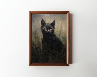 Black Cat Wall Art || Cottagecore Painting || Digital Art Prints || Dark Academia || Downloadable || Cat Art || Kitchen Decor || PRINTABLE
