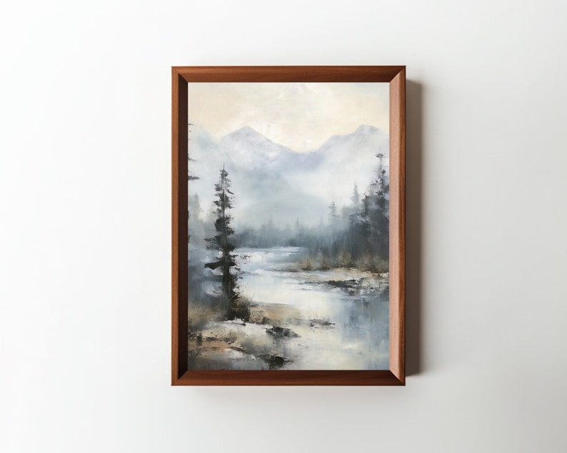 Winter River Landscape Digital Oil Painting Downloadable Wall Art Living Room Decor PRINTABLE image 1