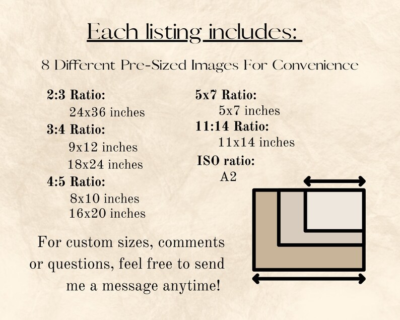 May include: A diagram showing eight different pre-sized image ratios for convenience. The ratios are 2:3, 3:4, 4:5, 5x7, 11:14, and ISO A2. The image shows the dimensions in inches for each ratio.