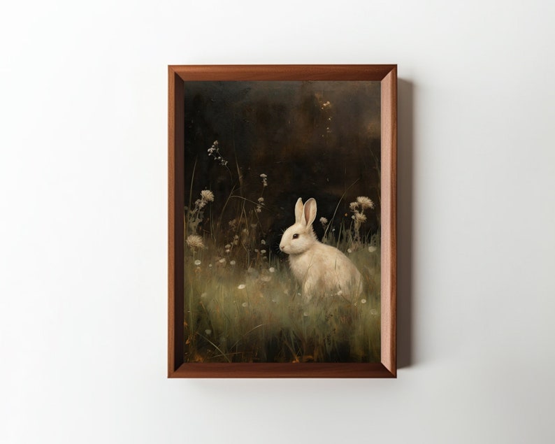 May include: A white rabbit sits in a field of green grass and white flowers. The background is dark and blurry, creating a sense of depth. The rabbit's fur is soft and fluffy, and its eyes are bright and alert.