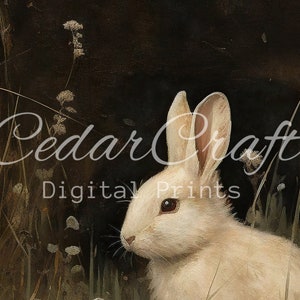 Dark White Bunny Painting || Digital Download || Dark Academia Art || Cottagecore || Animal Oil Painting || Kitchen Wall Decor || PRINTABLE image 4