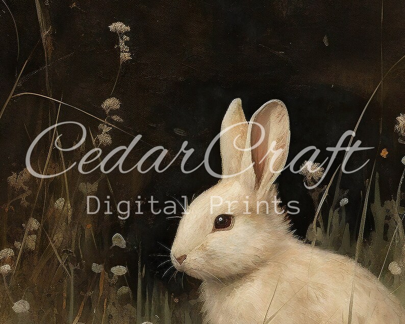Dark White Bunny Painting || Digital Download || Dark Academia Art || Cottagecore || Animal Oil Painting || Kitchen Wall Decor || PRINTABLE image 4