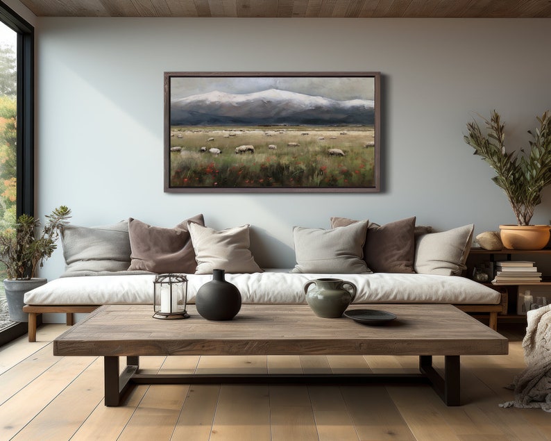 Lush Lands: Beneath Winter's Watchful Peaks Digital Wall Art Downloadable Oil Painting Family Room Decor PRINTABLE image 5