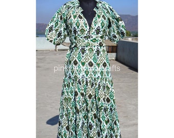 Floral Block Print Cotton Maxi Dress: Bohemian Summer Gown