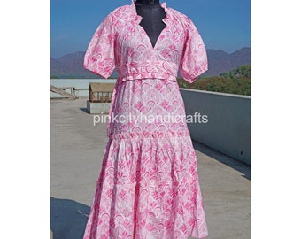 Hand Block Printed Cotton Summer Dress: Floral Print, Made in India