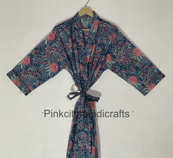 Bata tipo kimono yukata de algodón estampada a mano: bata bohemia