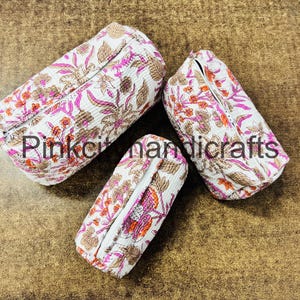 Borsa da toilette fatta a mano, borsa da lavaggio impermeabile, borsa per il trucco in cotone trapuntato, piccola borsa per il trucco trapuntata, riutilizzabile - set da 3