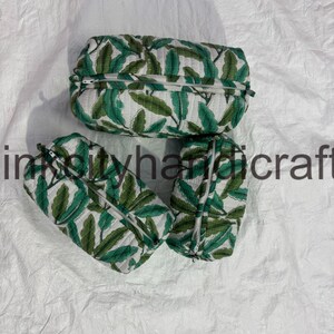Set di 3 pezzi in cotone indiano con stampa floreale a mano, borsa da viaggio, astuccio per il trucco, borsa da lavaggio trapuntata, kit da barba, beauty case