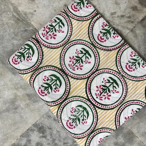 Sanganeri Block Print Cotton Fabric: Turquoise, Pink Floral, 44&quot; Wide