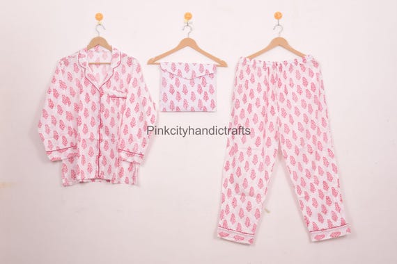 100% Cotton Indian Hand Block Print Pajama Set: Jaipur Floral Sleepwear For Women