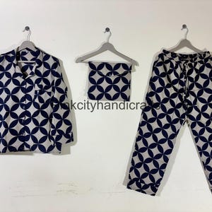 New Design Handblock print Night Suit, Set of 3 pj set night wear cotton payjama suit, beach wear cotton dress for mom cotton pajama set,