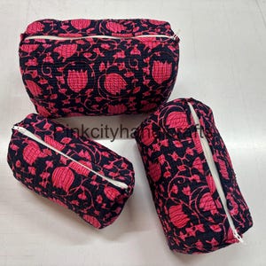 Set di 3 pezzi di borsa per il trucco trapuntata fatta a mano, borsa per il lavaggio in cotone ecologico, set di articoli da toeletta da donna con stampa a blocchi indiani sostenibili