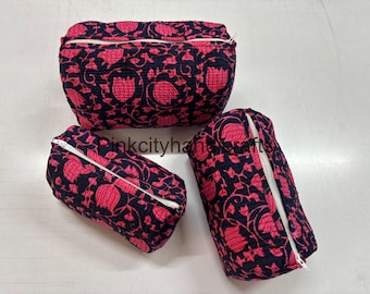 Handmade Quilted Makeup Bag Set: Indian Block Print Cotton Toiletry Bags