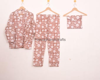 Conjunto de pijama de algodón con estampado de bloques: ropa de dormir de verano, pijama con estampado floral.