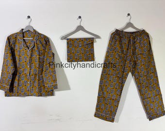 Floral Block Print Cotton Pajama Set: Handmade Summer Night Suit