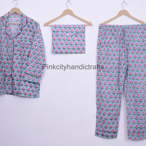 Ensemble de pyjama indien en coton imprimé blocs - pyjama en coton pour femme - vêtements d'intérieur - imprimé blocs de main - pyjamas - cadeaux pour elle - pyjama de nuit avec sac