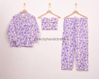 Conjunto de pijama de algodón estampado a mano: Jaipur Sleepwear, pijama 100% algodón.