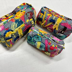 Borsa da toilette, trapuntata in cotone, borsa per accessori da viaggio, stampata a mano, organizer per cosmetici, set di 3 regali per lei, borse da toilette stampate -