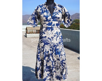 Hand Block Printed Cotton Dress: Floral Boho Hippie Summer Dress