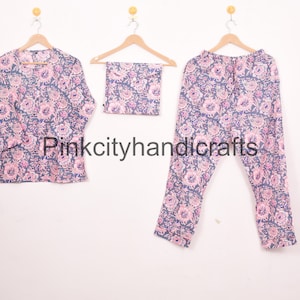 Ensemble de pyjama indien en coton imprimé blocs - pyjama en coton pour femme - vêtements d'intérieur - imprimé blocs de main - pyjamas - cadeaux pour elle - pyjama de nuit avec sac
