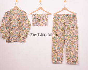 Hand Block Print Cotton Pajama Set: Women's 3-Piece Pyjamas