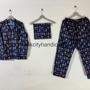 Flower print design, Indian cotton pj set, block print cotton pajama set, night wear cotton payjama suit, beach wear cotton dress for Woman