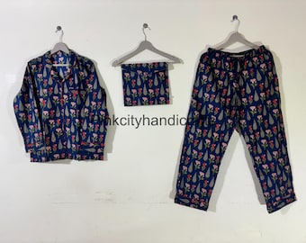 Block Print Cotton Pajama Set: Indian Flower Design Nightwear