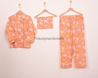 Conjunto de pijama de algodón con estampado a mano: Ropa de dormir de verano de Jaipur, ropa de mujer.