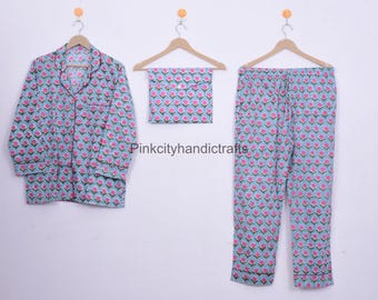 Floral Cotton Pajama Set: Hand Block Print Night Suit