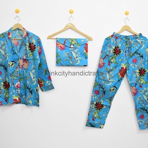 Ensemble de pyjama indien en coton à imprimé floral pour femme Ensemble de pyjama en coton pour femme, bloc main en coton, chemise et sac