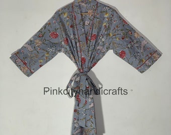 Kimono imprimé Kishori gris, kimono en coton indien, kimono lounge wear, robe kimono de maternité, kimono long, robe kimono de demoiselle d’honneur, robe maxi