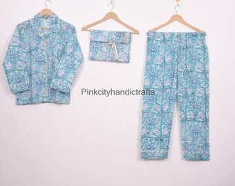 Conjunto de pijama de algodón estampado a mano: Traje de noche bohemio de Jaipur