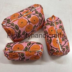 Set di 3 pezzi in cotone indiano con stampa floreale a mano, borsa da viaggio, astuccio per il trucco, borsa da lavaggio trapuntata, kit da barba, beauty case