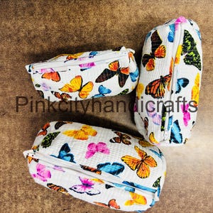 Set di 3 pezzi di borsa per il trucco trapuntata fatta a mano, borsa per il lavaggio in cotone ecologico, set di articoli da toeletta da donna con stampa a blocchi indiani sostenibili