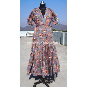 Hand Block Printed Cotton Summer Dress: Floral Gauze Maxi