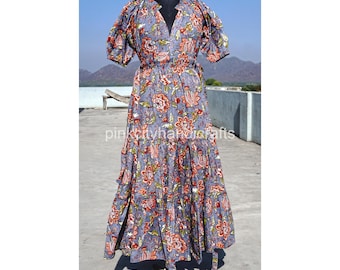 Hand Block Printed Cotton Summer Dress: Floral Gauze Maxi