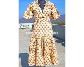Hand Block Printed Cotton Dress: Indian Gauze Tunic Gown